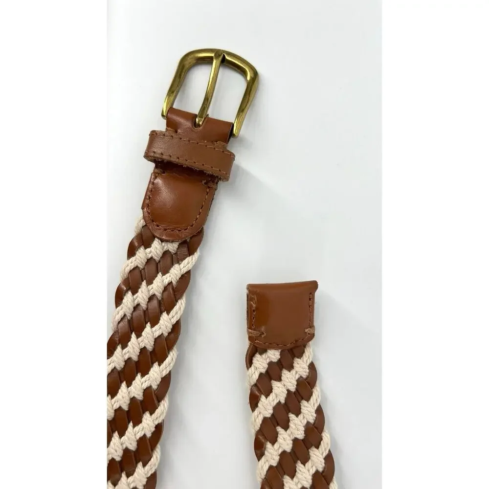 J.Crew Braided Rope & Leather Belt Size S Woven Nautical Gold Buckle Brown Cream - Picture 3 of 7